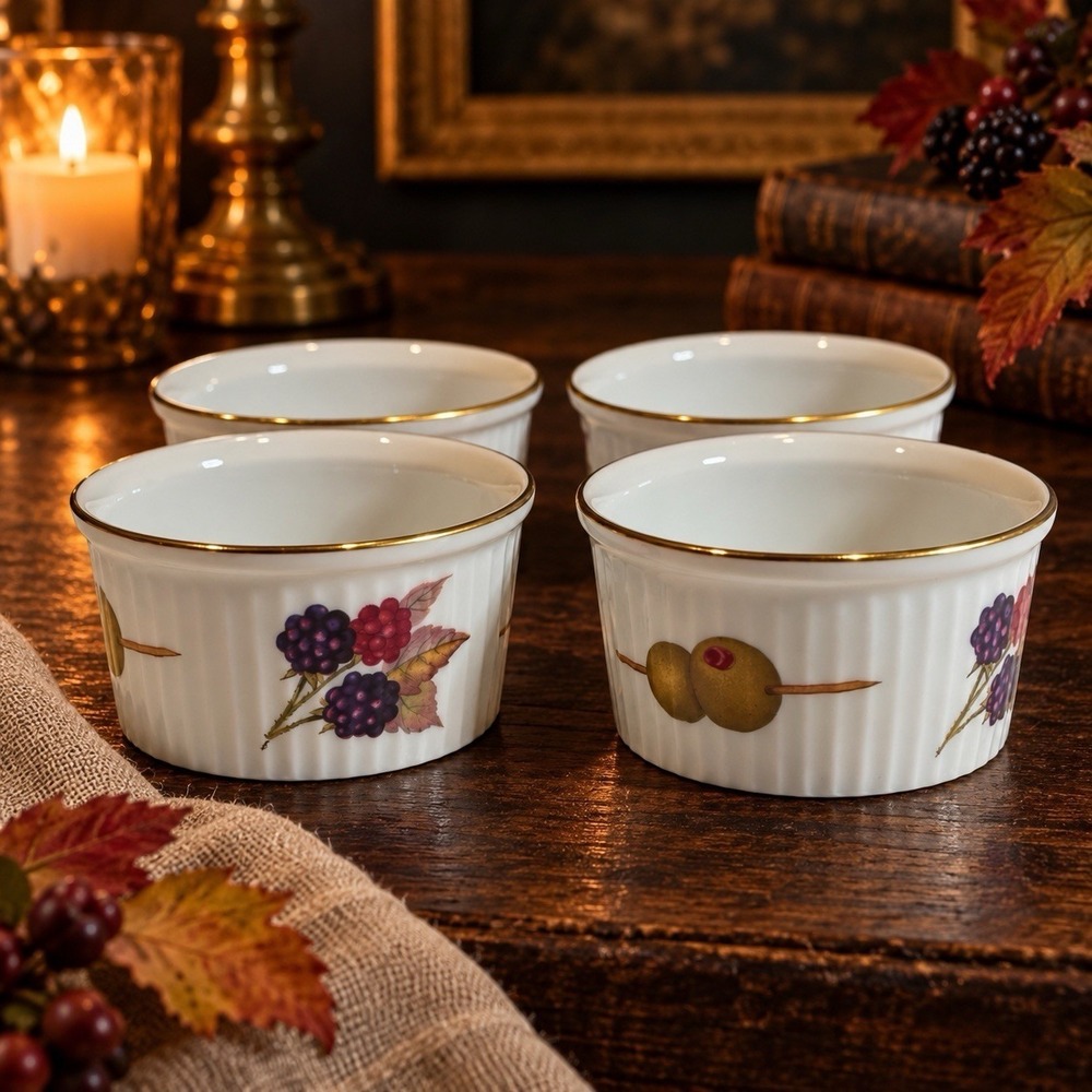 4 Vintage Royal Worcester Evesham Gold Ramekins Porcelain Fruit England 3.5in